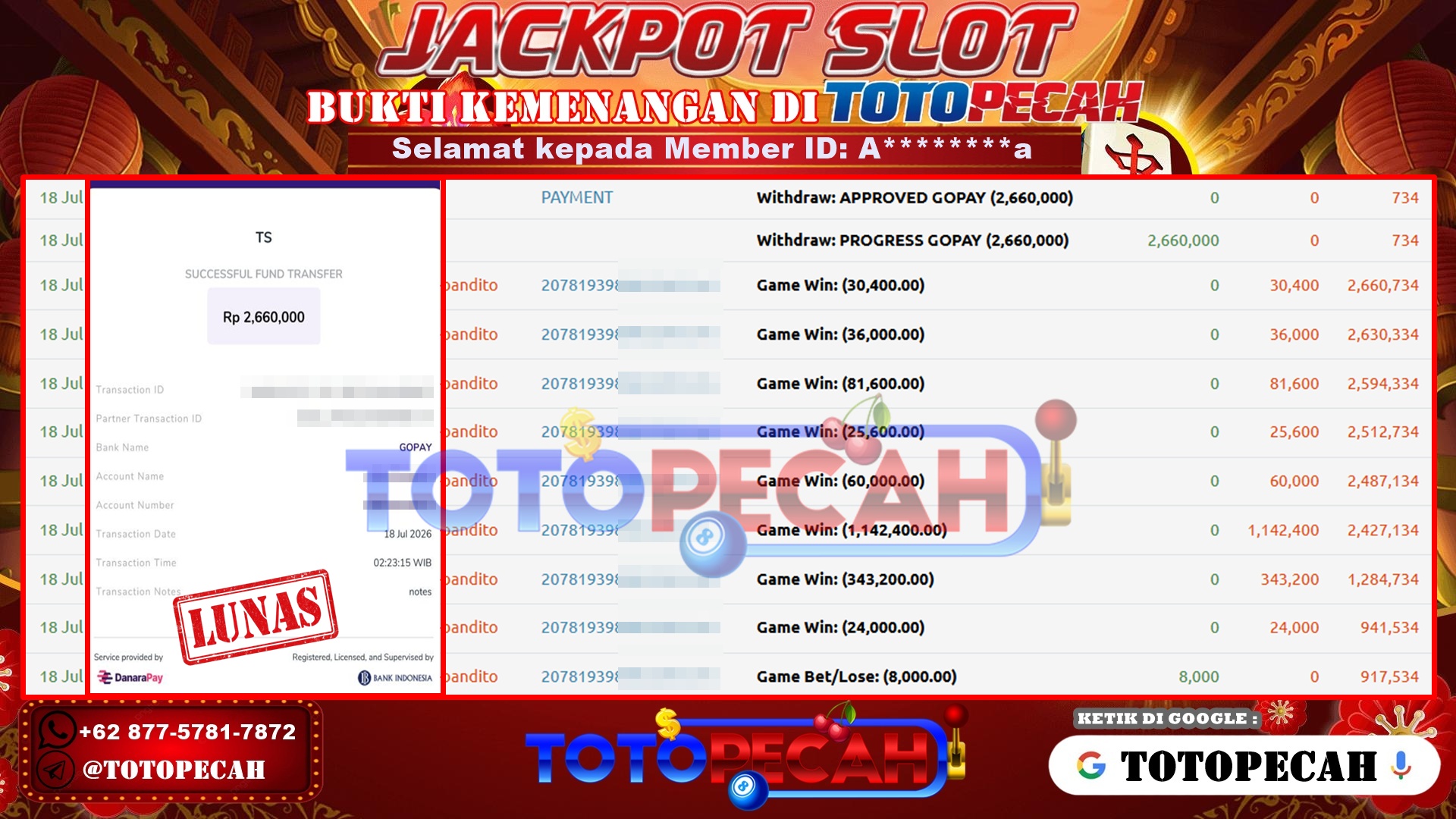 TOTOPECAH – BUKTI KEMENANGAN SLOT WILD BANDITO Rp 2,660,000 LUNAS! BUKTI WD TOTOPECAH 18 07 2026