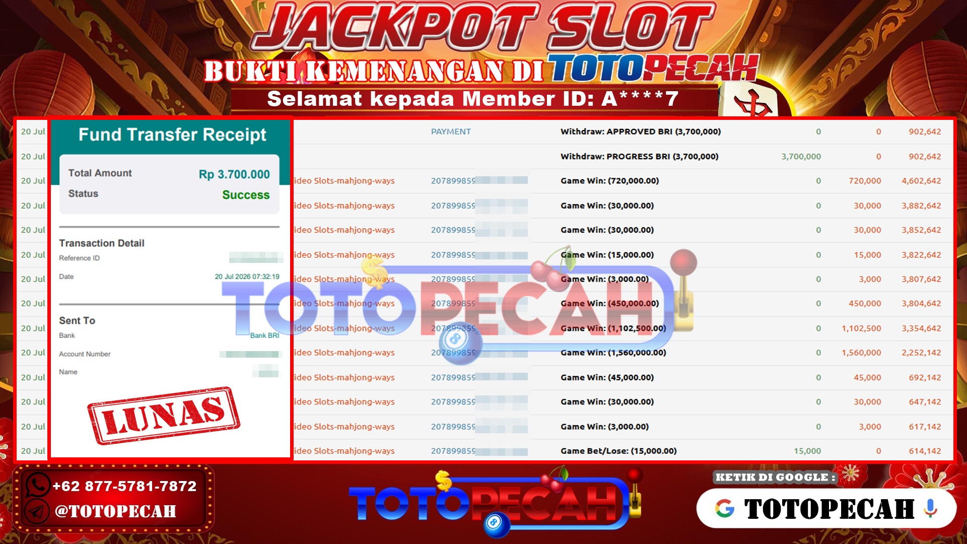 TOTOPECAH – BUKTI KEMENANGAN SLOT MAHJONG WAYS Rp 3,700,000 LUNAS! BUKTI WD TOTOPECAH 20 07 2026