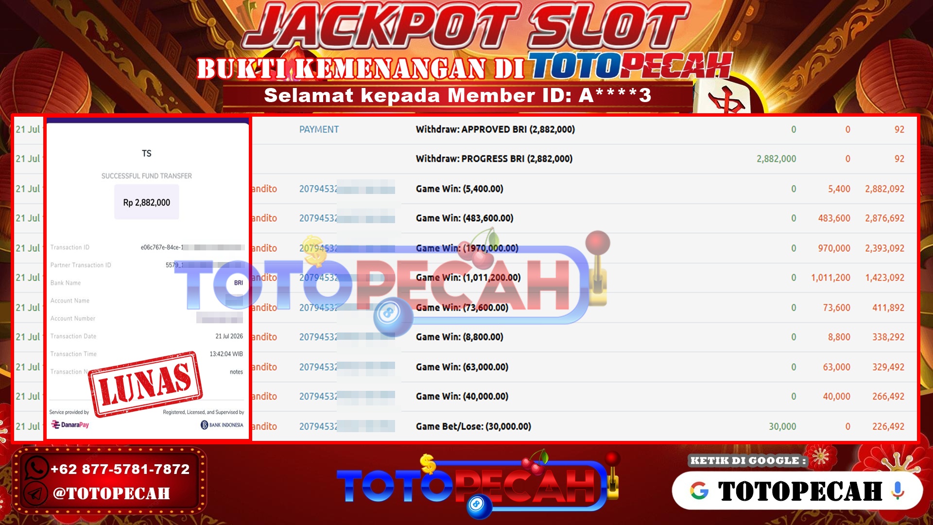 TOTOPECAH – BUKTI KEMENANGAN SLOT WILD BANDITO Rp 2,882,000 LUNAS! BUKTI WD TOTOPECAH 21 07 2026