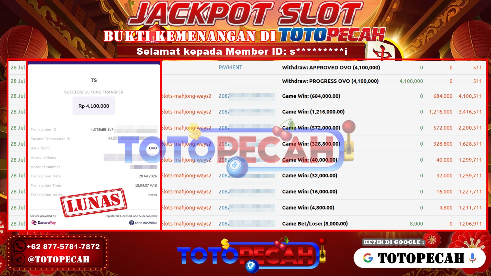TOTOPECAH – BUKTI KEMENANGAN SLOT MAHJONG WAYS 2 Rp 4,100,000 LUNAS! BUKTI WD TOTOPECAH 28 07 2026