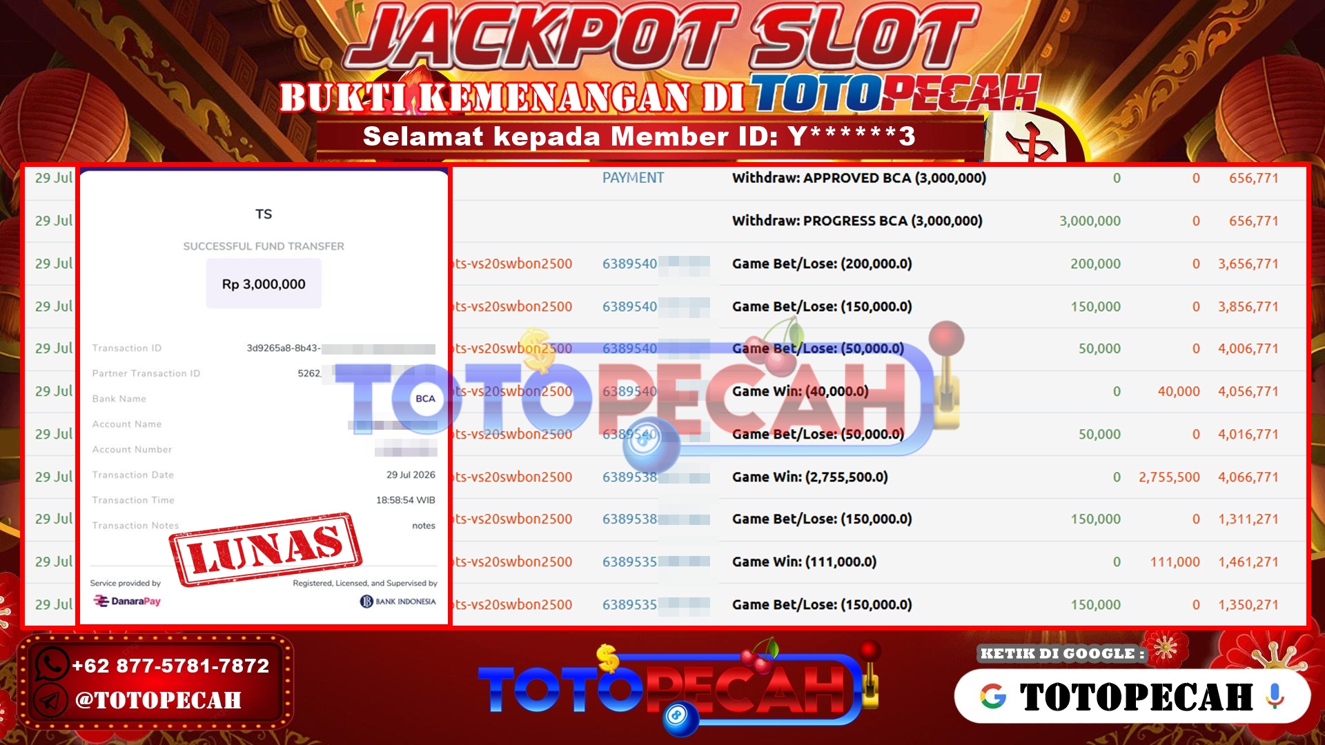 TOTOPECAH – BUKTI KEMENANGAN SLOT SWEET BONANZA 2500 Rp 3,000,000 LUNAS! BUKTI WD TOTOPECAH 29 07 2026