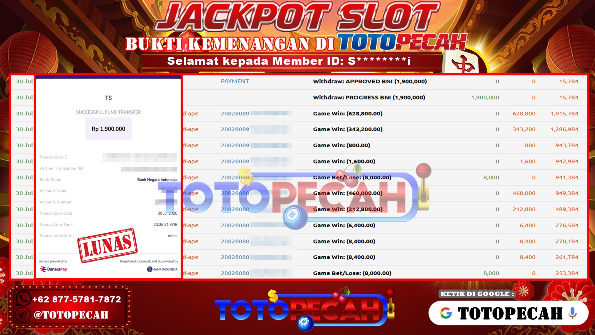 TOTOPECAH – BUKTI KEMENANGAN SLOT WILD APE Rp 1,900,000 LUNAS! BUKTI WD TOTOPECAH 30 07 2026