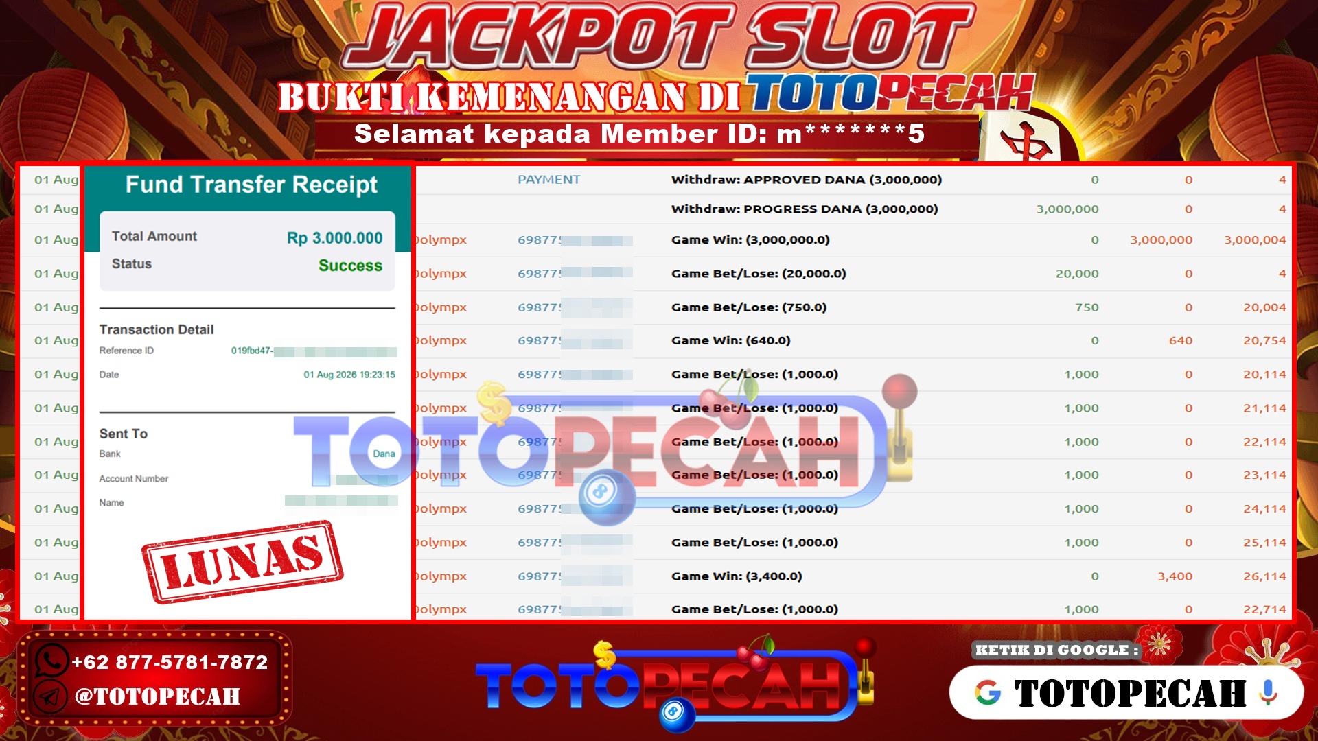 TOTOPECAH – BUKTI KEMENANGAN SLOT GATES OF OLYMPUS 1000 Rp 3,000,000 LUNAS! BUKTI WD TOTOPECAH 01 08 2026