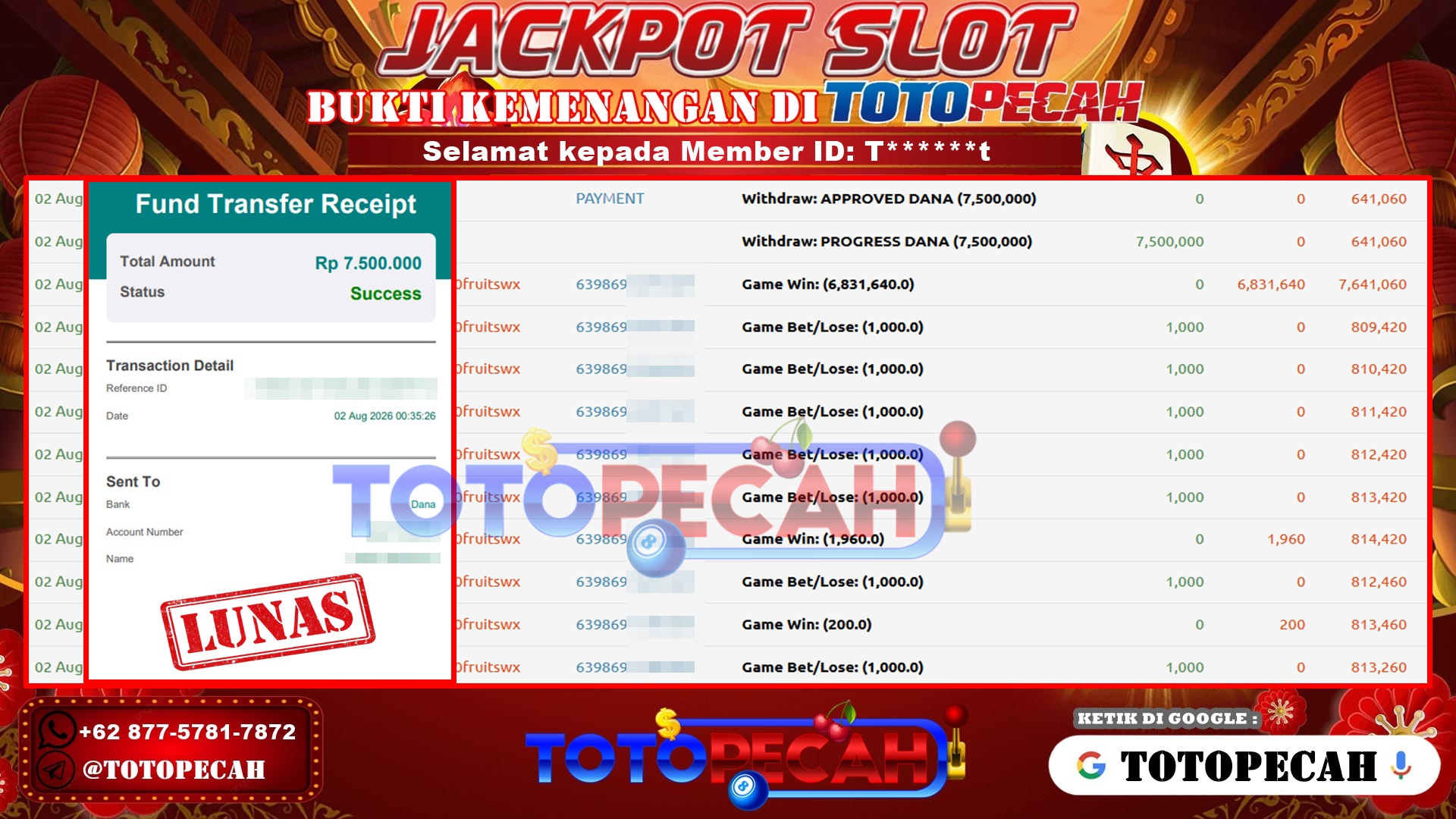 TOTOPECAH – BUKTI KEMENANGAN SLOT SWEET BONANZA 1000 Rp 7,500,000 LUNAS! BUKTI WD TOTOPECAH 02 08 2026