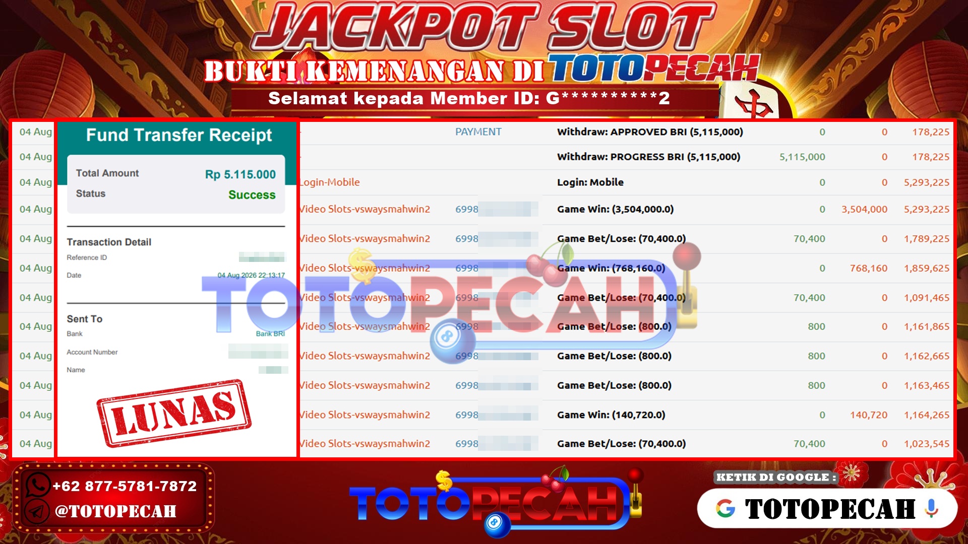 TOTOPECAH – BUKTI KEMENANGAN SLOT MAHJONG WINS 2 Rp 5,115,000 LUNAS! BUKTI WD TOTOPECAH 04 08 2026