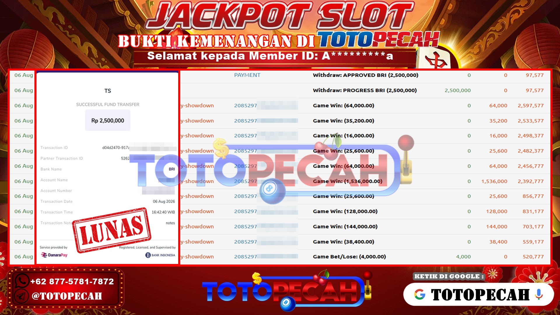 TOTOPECAH – BUKTI KEMENANGAN SLOT WILD BOUNTY SHOWDOWN Rp 2,500,000 LUNAS! BUKTI WD TOTOPECAH 06 08 2026