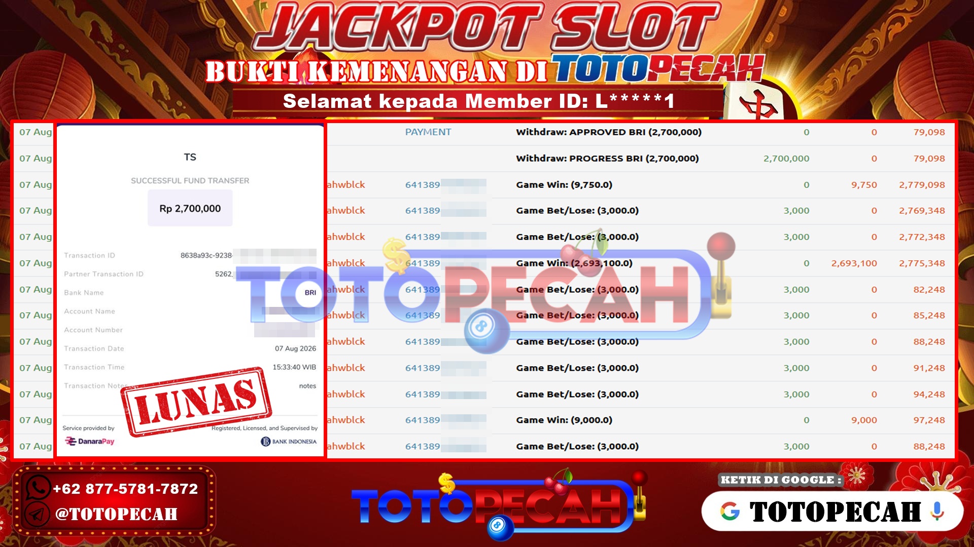 TOTOPECAH – BUKTI KEMENANGAN SLOT MAHJONG WINS 3 - BLACKSCATTER Rp 2,700,000 LUNAS! BUKTI WD TOTOPECAH 07 08 2026