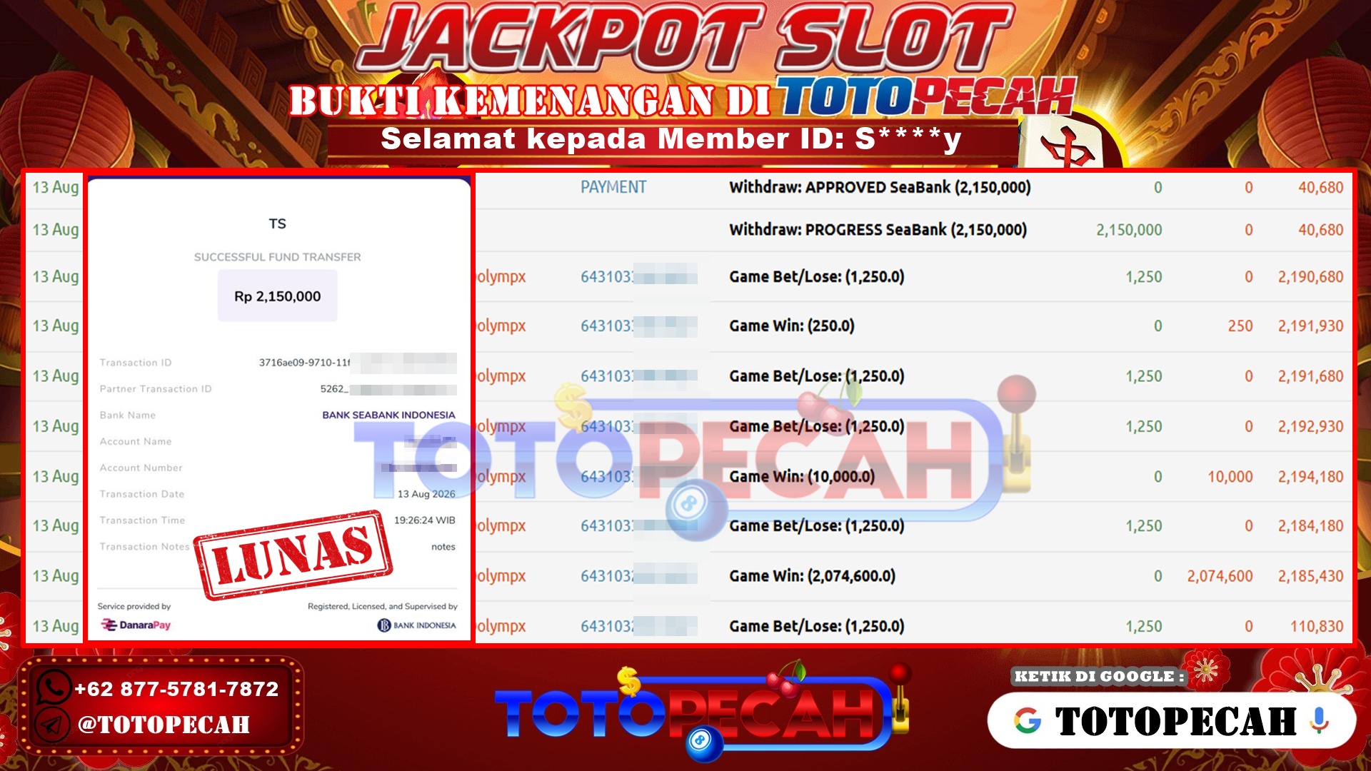 TOTOPECAH – BUKTI KEMENANGAN SLOT GATES OF OLYMPUS 1000 Rp 2,150,000 LUNAS! BUKTI WD TOTOPECAH 13 08 2026