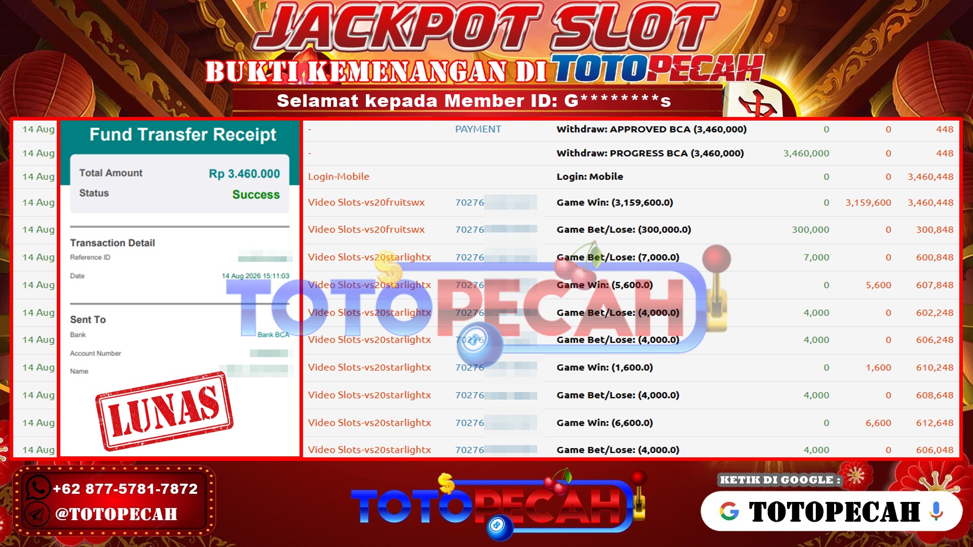 TOTOPECAH – BUKTI KEMENANGAN SLOT SWEET BONANZA 1000 Rp 3,460,000 LUNAS! BUKTI WD TOTOPECAH 14 08 2026