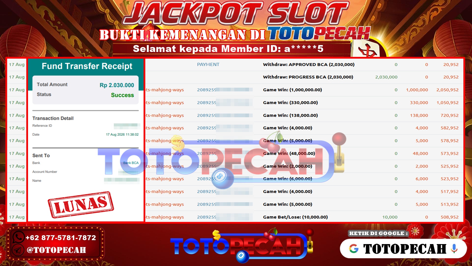 TOTOPECAH – BUKTI KEMENANGAN SLOT MAHJONG WAYS Rp 2,030,000 LUNAS! BUKTI WD TOTOPECAH 17 08 2026