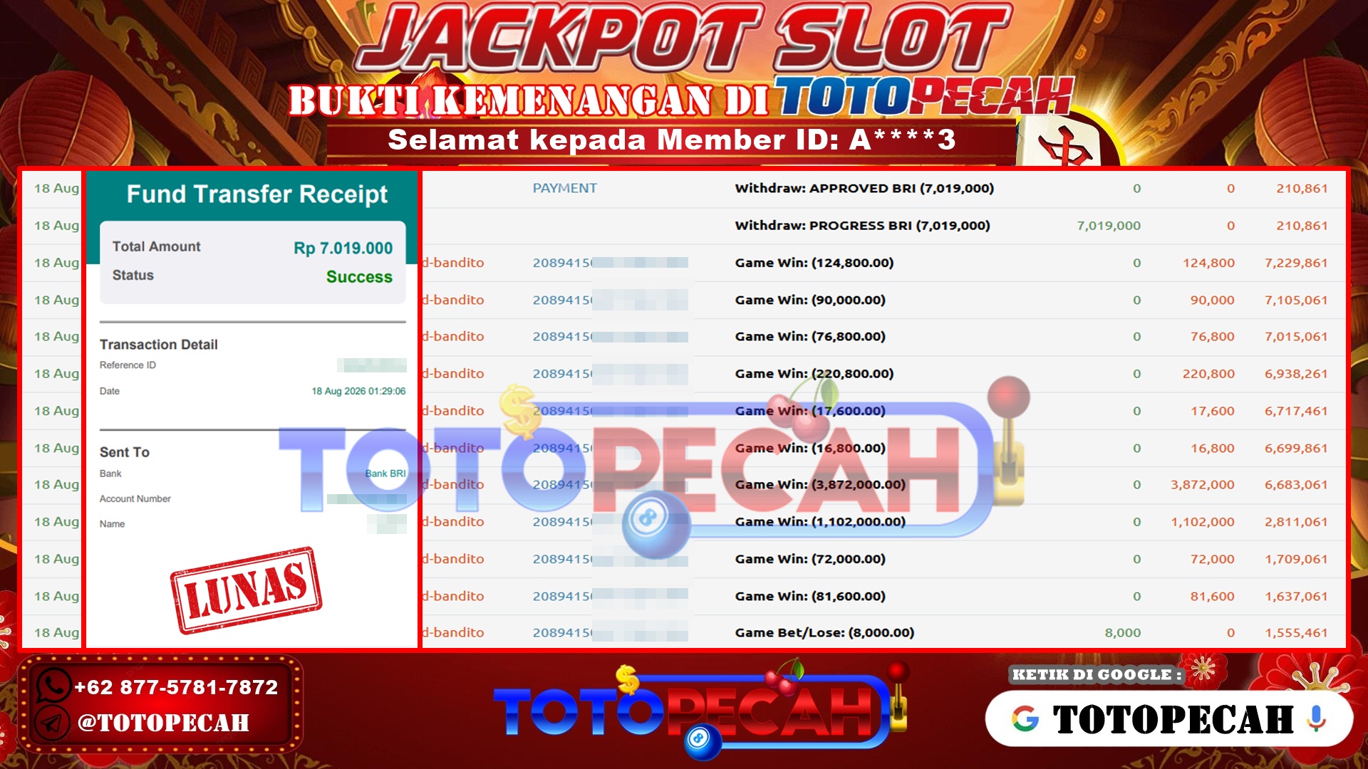 TOTOPECAH – BUKTI KEMENANGAN SLOT WILD BANDITO Rp 7,019,000 LUNAS! BUKTI WD TOTOPECAH 18 08 2026