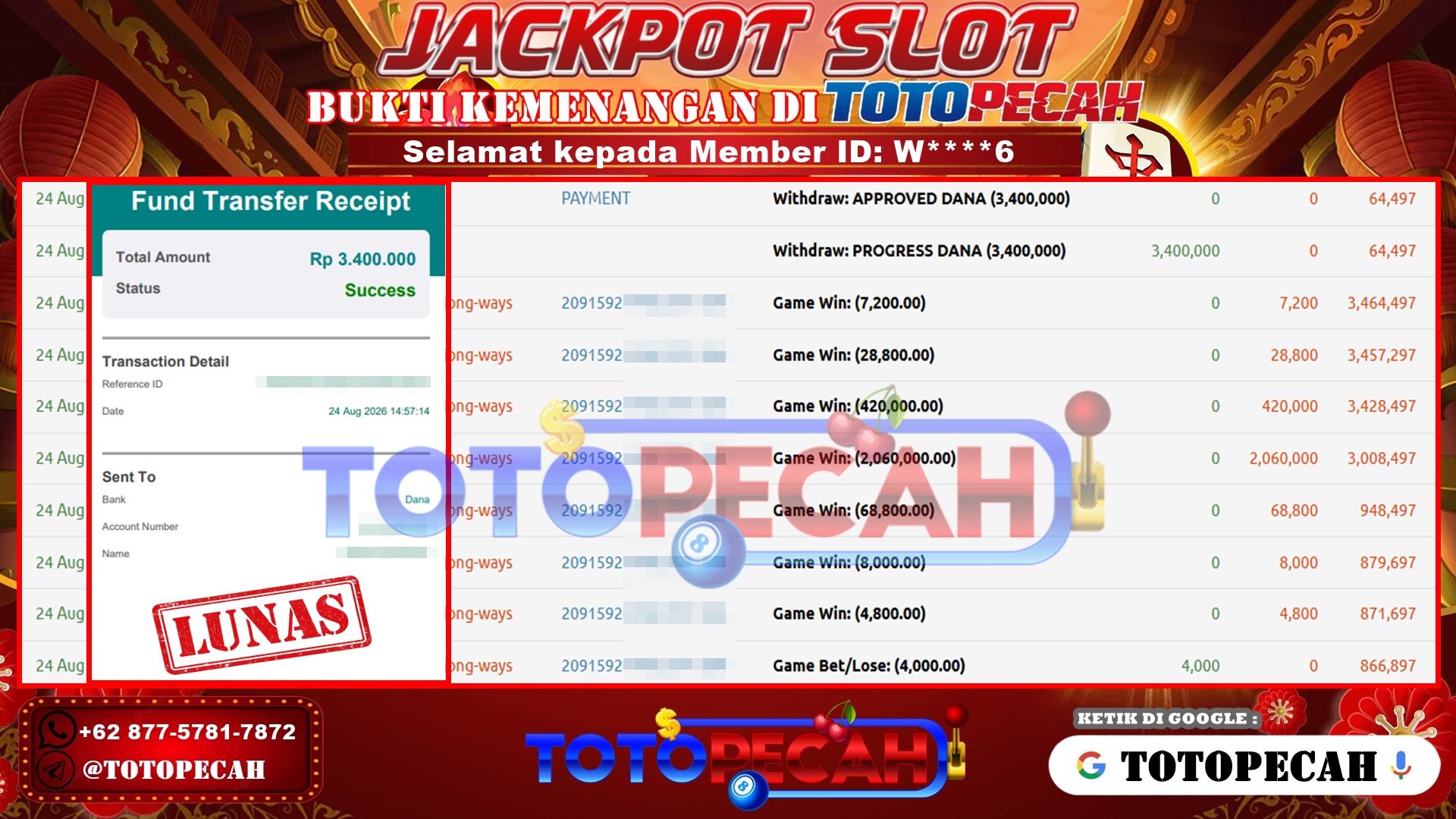 TOTOPECAH – BUKTI KEMENANGAN SLOT MAHJONG WAYS Rp 3,400,000 LUNAS! BUKTI WD TOTOPECAH 24 08 2026