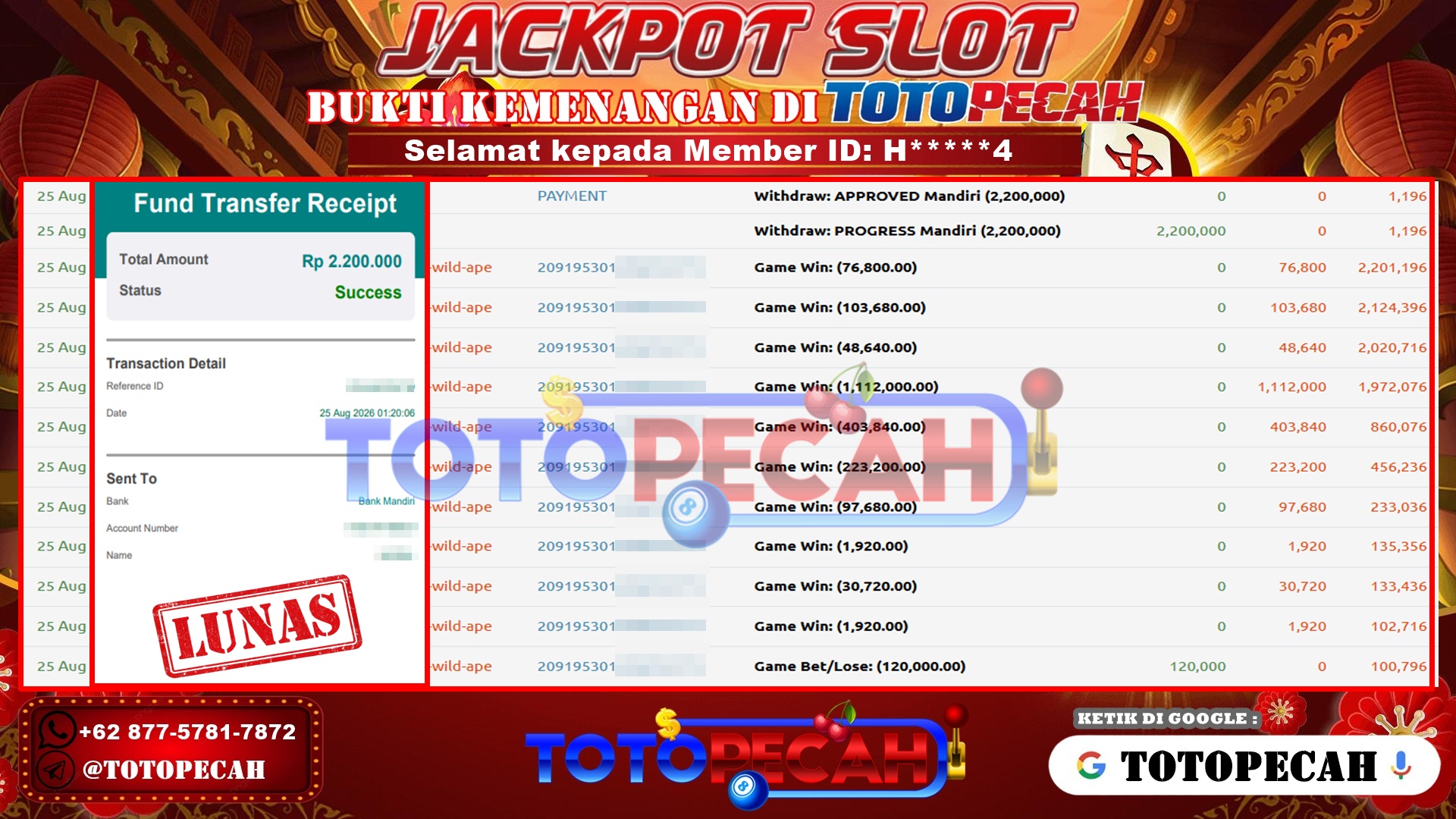 TOTOPECAH – BUKTI KEMENANGAN SLOT WILD APE Rp 2,200,000 LUNAS! BUKTI WD TOTOPECAH 25 08 2026
