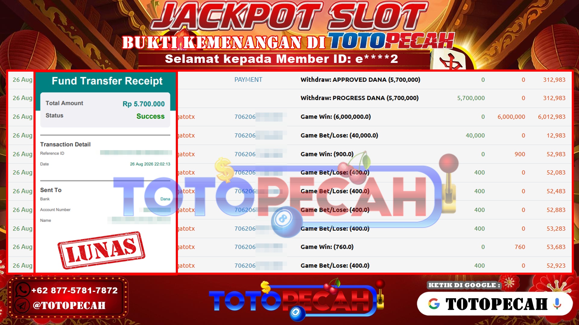 TOTOPECAH – BUKTI KEMENANGAN SLOT GATES OF GATOTKACA 1000 Rp 5,700,000 LUNAS! BUKTI WD TOTOPECAH 26 08 2026
