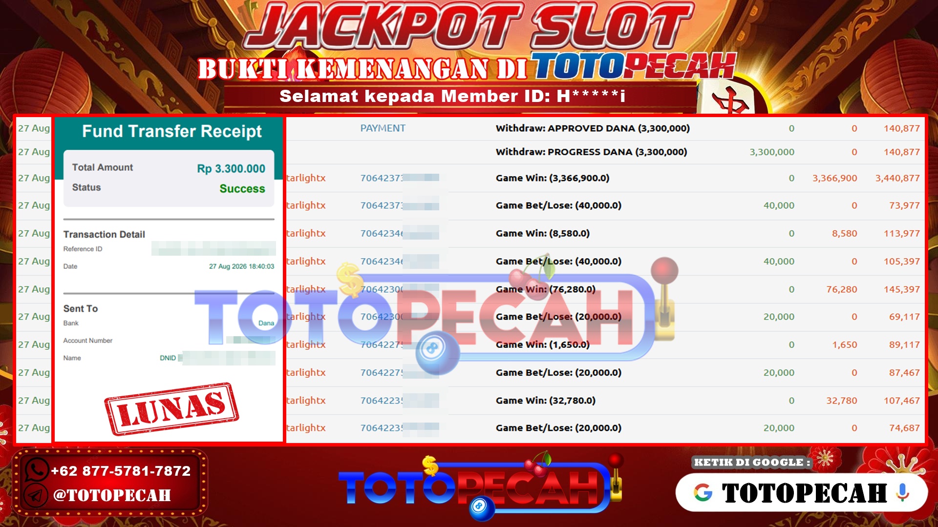 TOTOPECAH – BUKTI KEMENANGAN SLOT STARLIGHT PRINCESS 1000 Rp 3,300,000 LUNAS! BUKTI WD TOTOPECAH 27 08 2026