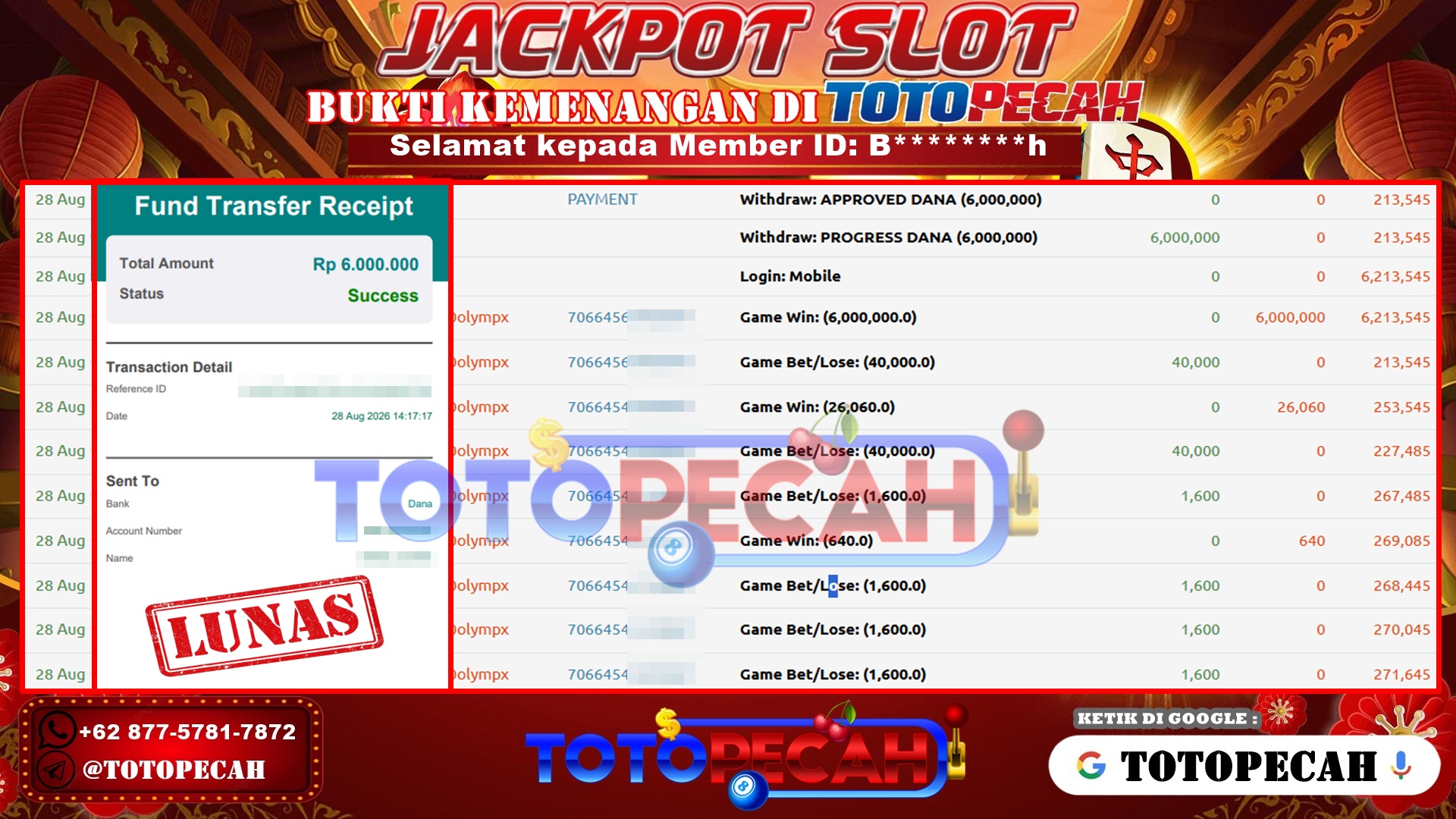 TOTOPECAH – BUKTI KEMENANGAN SLOT GATES OF OLYMPUS 1000 Rp 6,000,000 LUNAS! BUKTI WD TOTOPECAH 28 08 2026