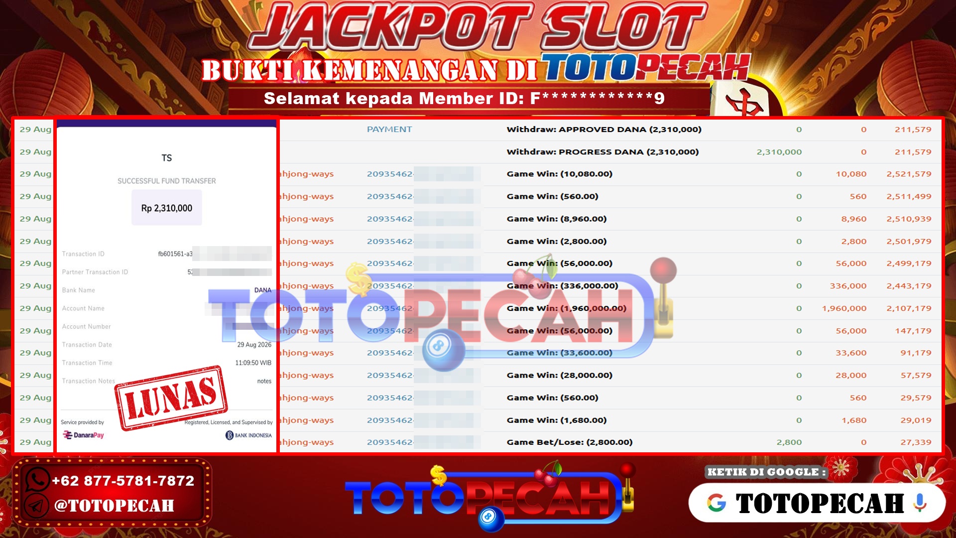 TOTOPECAH – BUKTI KEMENANGAN SLOT MAHJONG WAYS Rp 2,310,000 LUNAS! BUKTI WD TOTOPECAH 29 08 2026