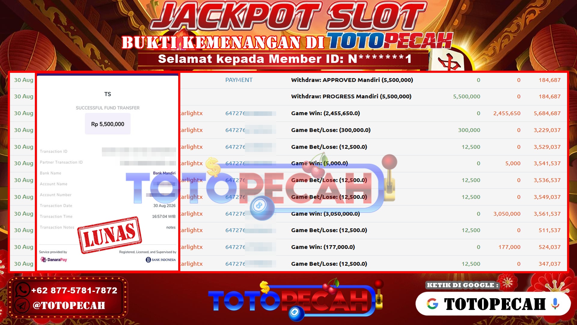 TOTOPECAH – BUKTI KEMENANGAN SLOT STARLIGHT PRINCESS 1000 Rp 5,500,000 LUNAS! BUKTI WD TOTOPECAH 30 08 2026