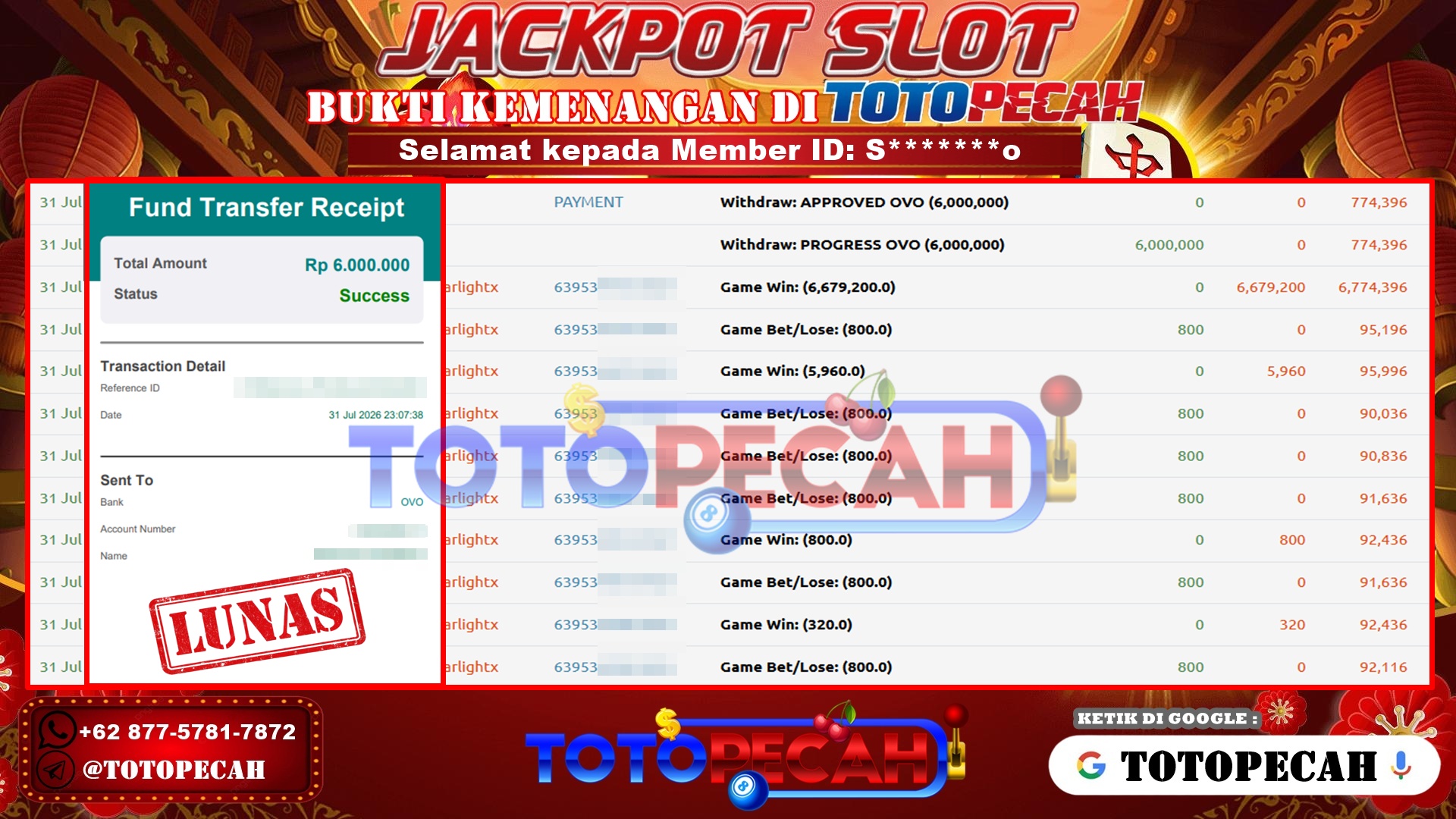 TOTOPECAH – BUKTI KEMENANGAN SLOT STARLIGHT PRINCESS 1000 Rp 6,000,000 LUNAS! BUKTI WD TOTOPECAH 31 07 2026