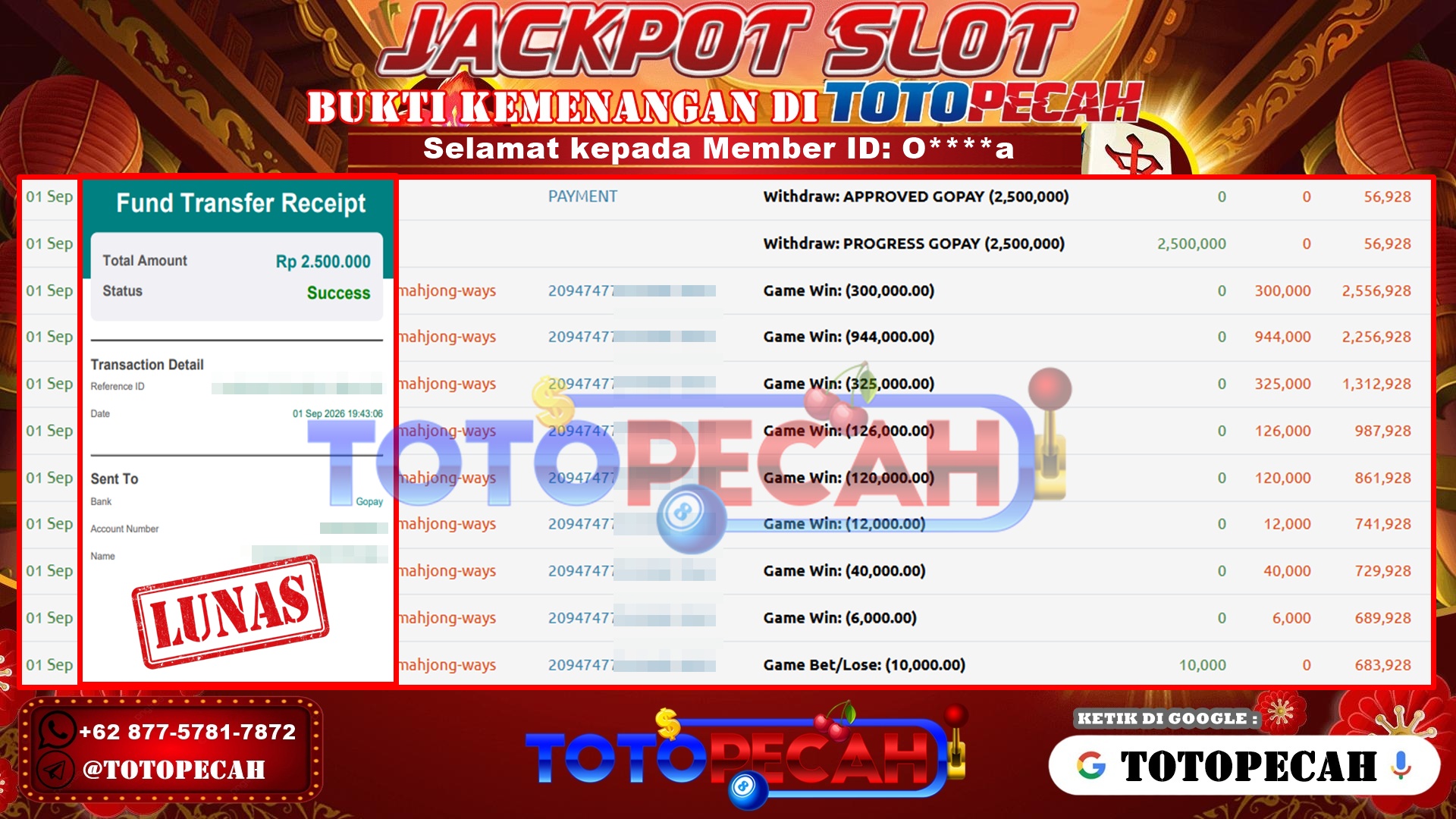 TOTOPECAH – BUKTI KEMENANGAN SLOT MAHJONG WAYS Rp 2,500,000 LUNAS! BUKTI WD TOTOPECAH 01 09 2026