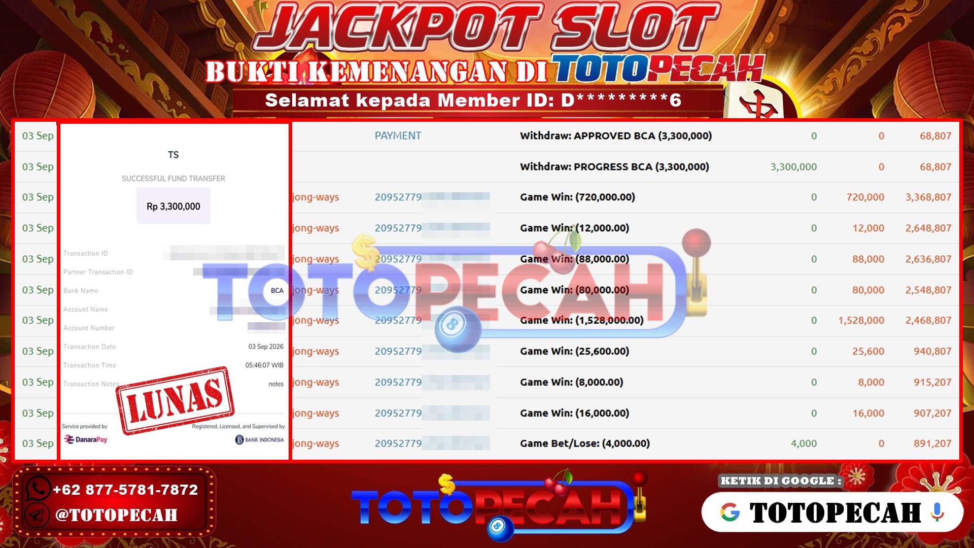 TOTOPECAH – BUKTI KEMENANGAN SLOT MAHJONG WAYS Rp 3,300,000 LUNAS! BUKTI WD TOTOPECAH 03 09 2026