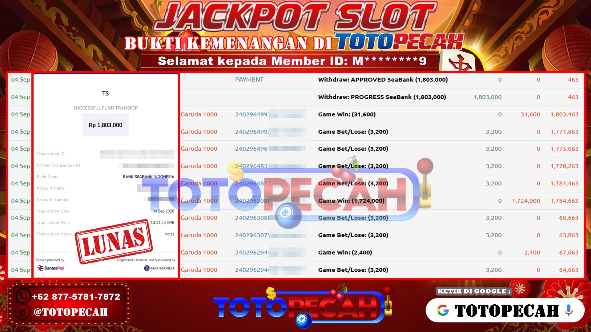 TOTOPECAH – BUKTI KEMENANGAN SLOT FORTUNE GARUDA 1000 Rp 1,803,000 LUNAS! bukti wd totopecah 04 09 2026