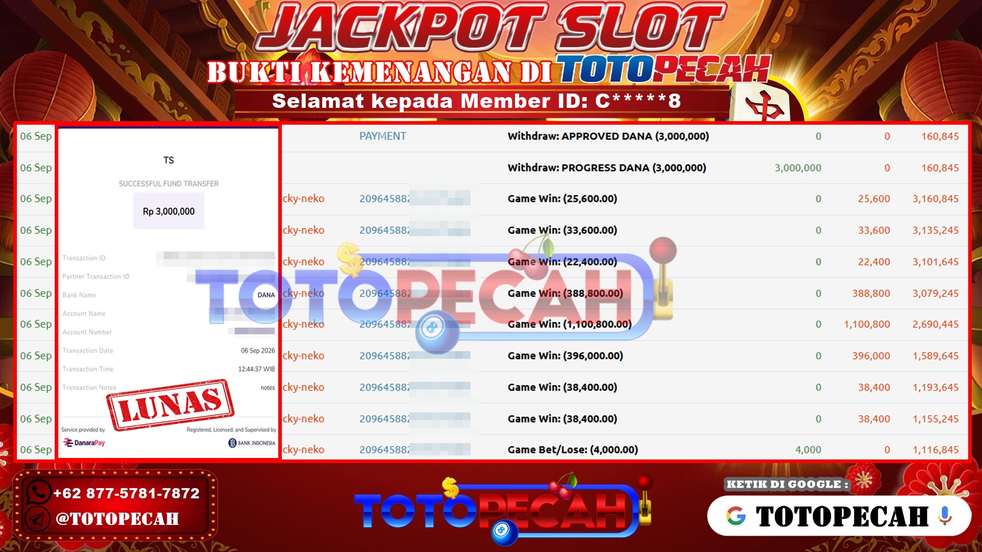 TOTOPECAH – BUKTI KEMENANGAN SLOT LUCKY NEKO Rp 3,000,000 LUNAS! BUKTI WD TOTOPECAH 06 09 2026