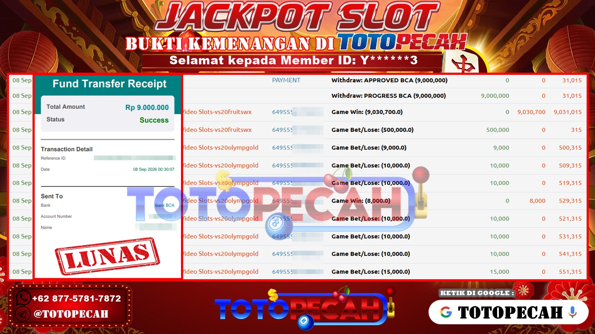 TOTOPECAH – BUKTI KEMENANGAN SLOT SWEET BONANZA 1000 Rp 9,000,000 LUNAS! BUKTI WD TOTOPECAH 08 09 2026