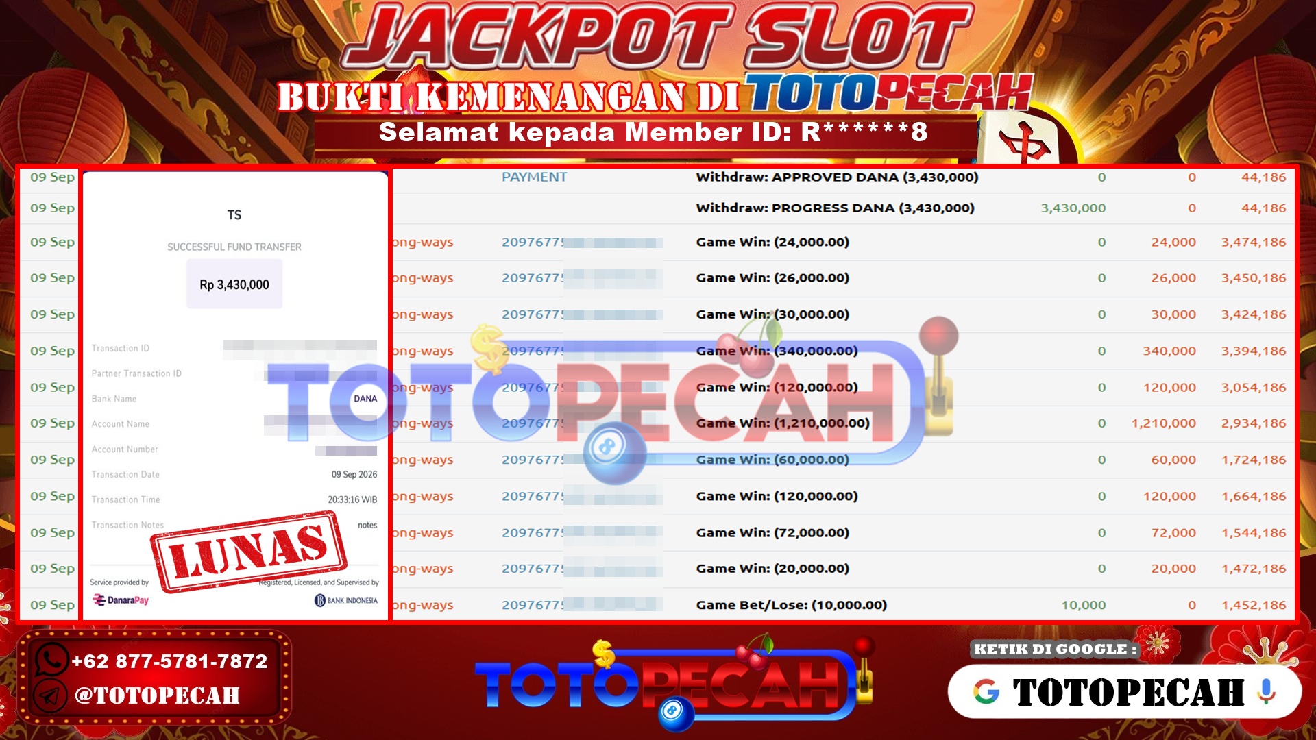 TOTOPECAH – BUKTI KEMENANGAN SLOT MAHJONG WAYS Rp 3,430,000 LUNAS! BUKTI WD TOTOPECAH 09 09 2026
