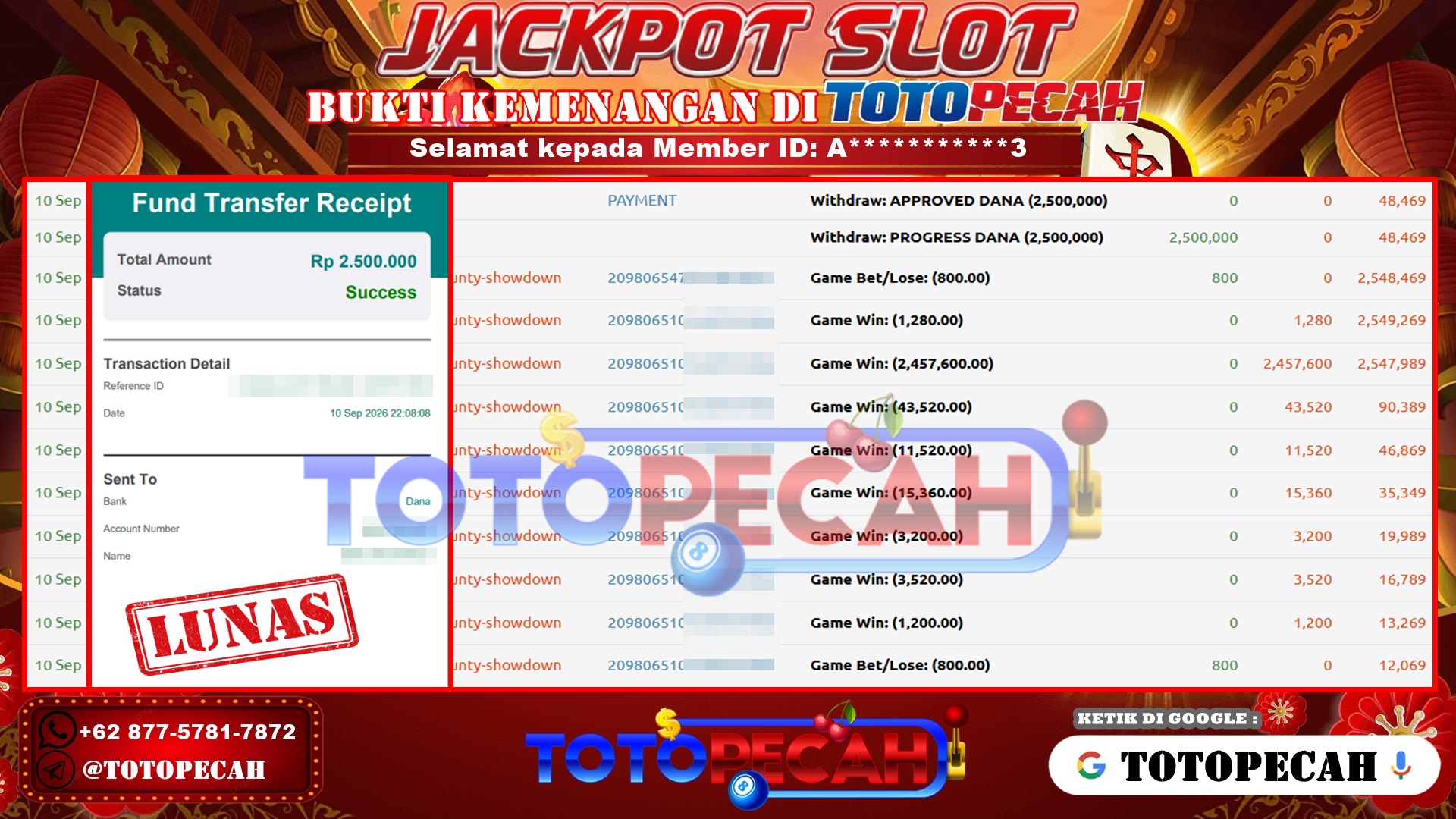 TOTOPECAH – BUKTI KEMENANGAN SLOT WILD BOUNTY SHOWDOWN Rp 2,500,000 LUNAS! BUKTI WD TOTOPECAH 10 09 2026