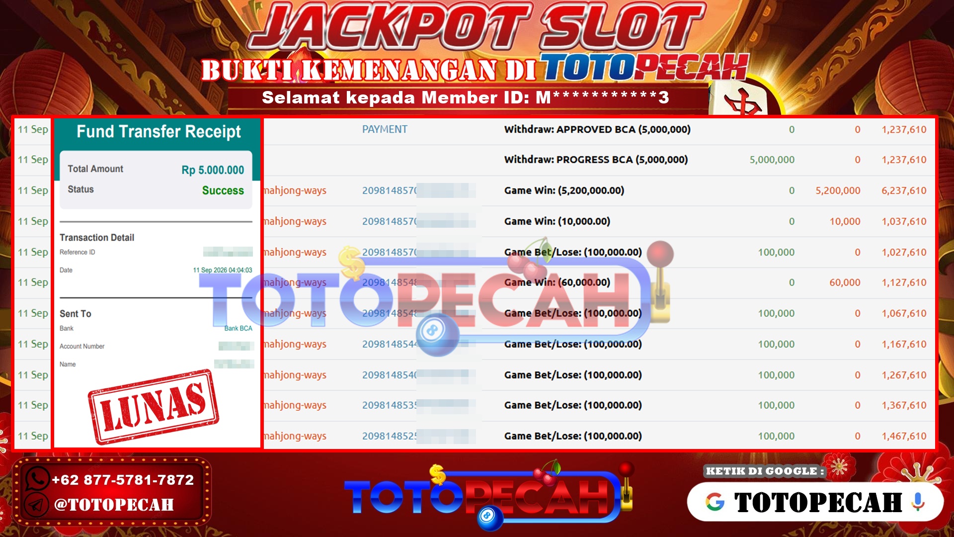 TOTOPECAH – BUKTI KEMENANGAN SLOT MAHJONG WAYS Rp 5,000,000 LUNAS! BUKTI WD TOTOPECAH 11 09 2026 2