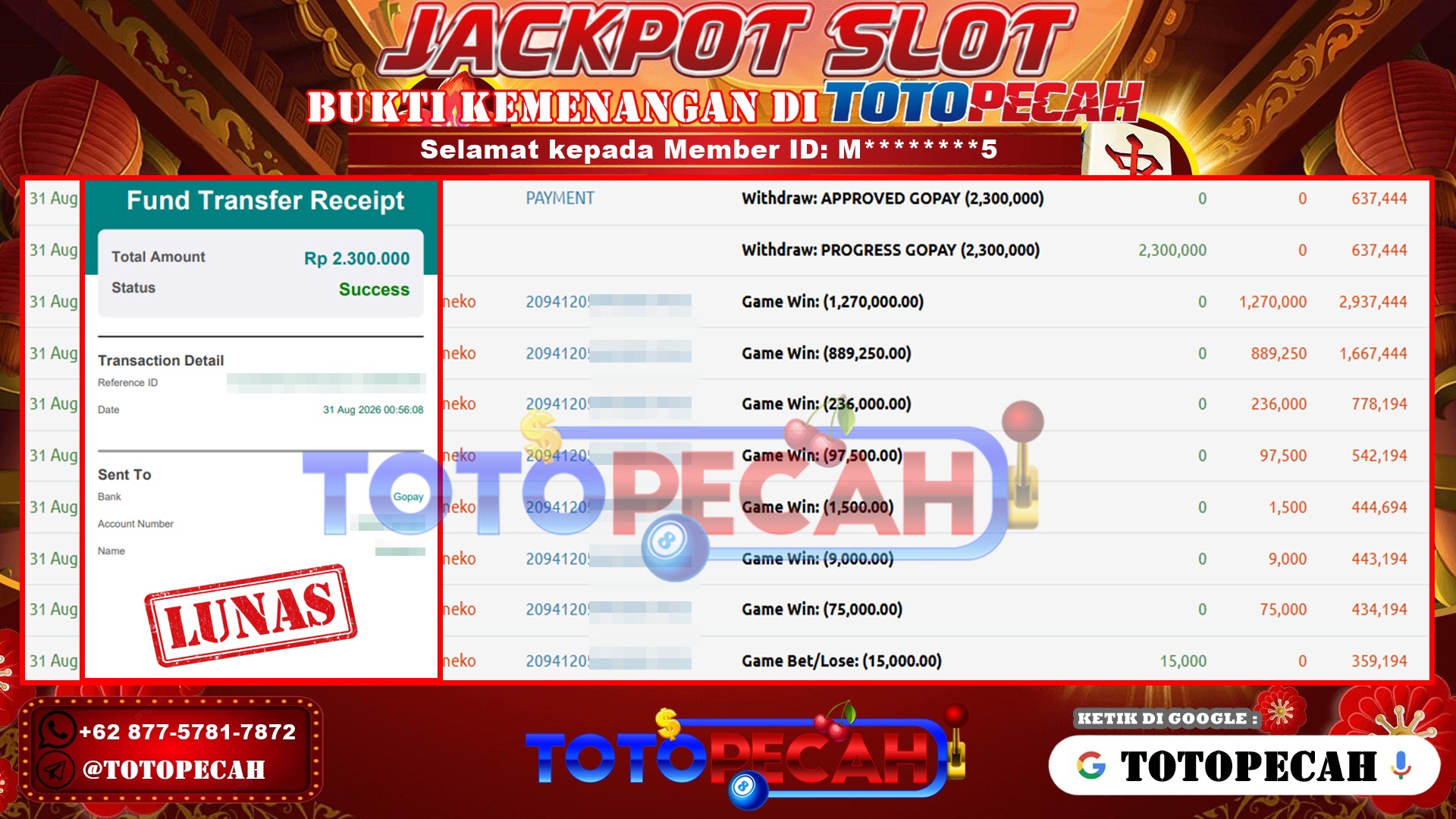 TOTOPECAH – BUKTI KEMENANGAN SLOT LUCKY NEKO Rp 2,300,000 LUNAS! BUKTI WD TOTOPECAH 31 08 2026